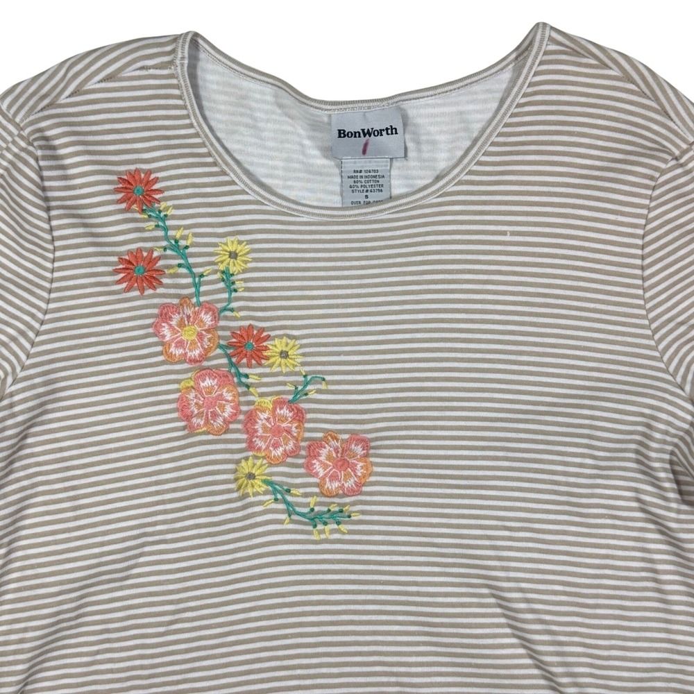 VTG BonWorth Embroidered Floral Stripe Shirt Tan White Womans S Grandmacore Chic